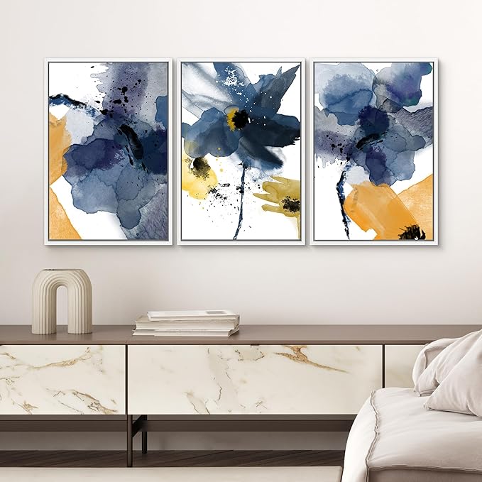 SIGNWIN Framed Canvas Wall Art Blue and Orange Blossoms Botanical Flower Watercolor Modern Art Tropical Relax/Calm for Living Room, Bedroom, Office - 16"x24"x3 White