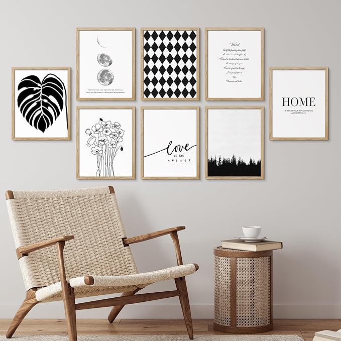 SIGNWIN Framed Poster Bathroom Decor 11"x14"x 8 Natural, Wall Art Room Decor Multicolor for Living Room, Bedroom, Office Black White Monstera Leaf Love Home Typography Nature Abstract Shapes