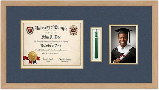 CountryArtHouse Diploma Tassel and Photo Shadowbox Fits 11 x 8.5 US Letter Certificate with Tassel H Natural Wood Genuine Hardwood with Navy Blue Over Metallic Gold Double mat