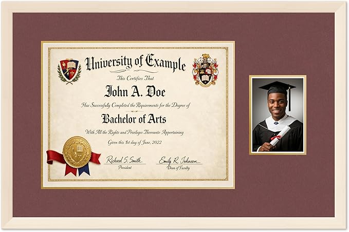 CountryArtHouse Fits 17 x 13 International Diploma and 5 x 7 Photo Diploma and Photo Frame Coastal Whitewash Genuine Hardwood with Dark Red Over Metallic Gold Double mat