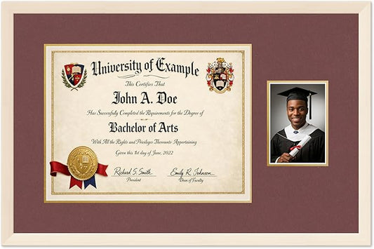 CountryArtHouse Fits 17 x 13 International Diploma and 5 x 7 Photo Diploma and Photo Frame Coastal Whitewash Genuine Hardwood with Dark Red Over Metallic Gold Double mat