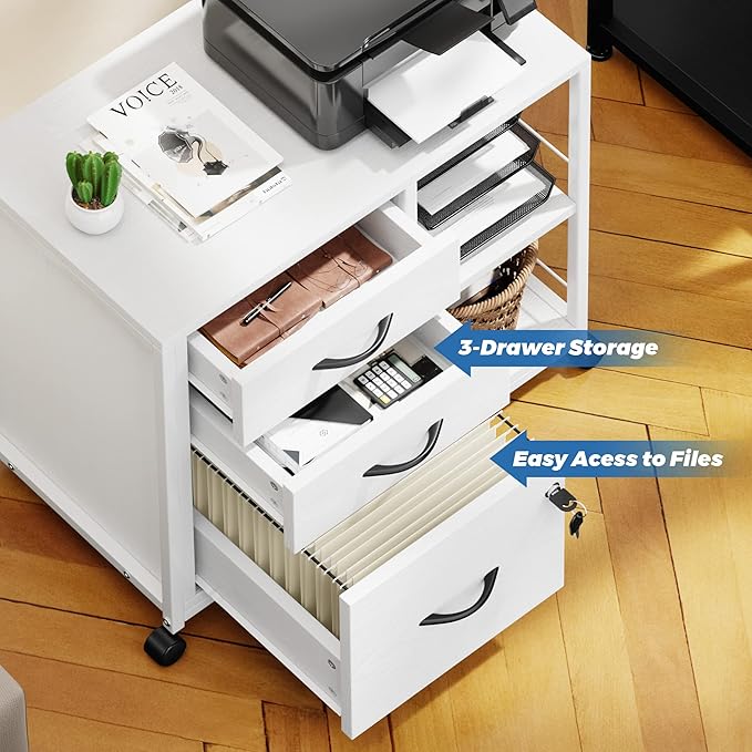 Lulive File Cabinet for Home Office, Filing Cabinet with Lock and USB Charging Port, 3 Drawer File Cabinet, Rolling File Cabinet with Storage for A4, Letter Size, White, HI1355