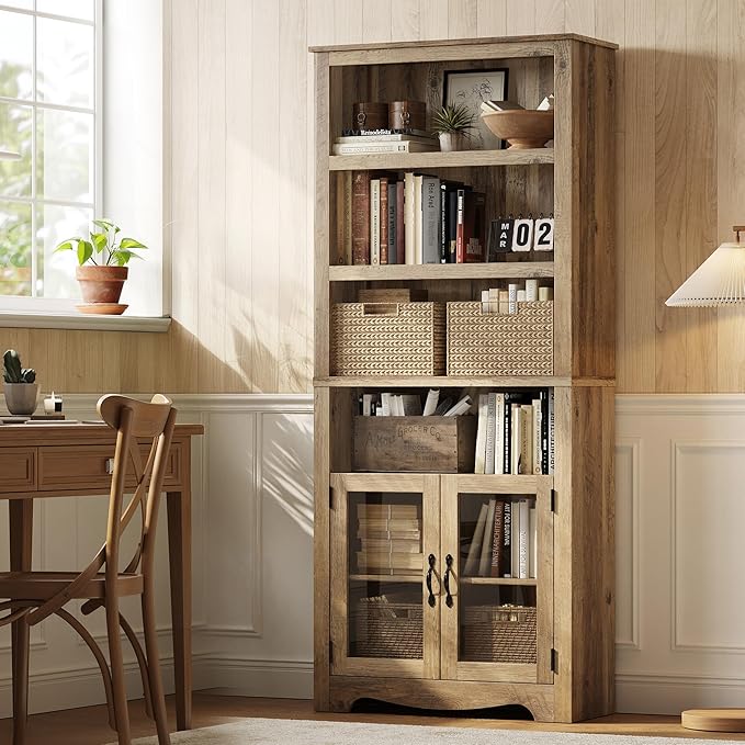 LINSY Bookshelf with Doors, 6 Shelf Bookcase Tall Bookshelves, 73" Farmhouse Book Shelf with Storage Cabinet, Wood Book Shelves for Living Room, Bedroom, Office, Rustic Brown