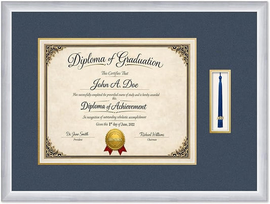 Diploma Frame with Tassel Holder 25.25 x 19 Stainless Silver Shadowbox Navy Blue Over Gold Mat - Fits 15 x 12 Degree Made in the USA