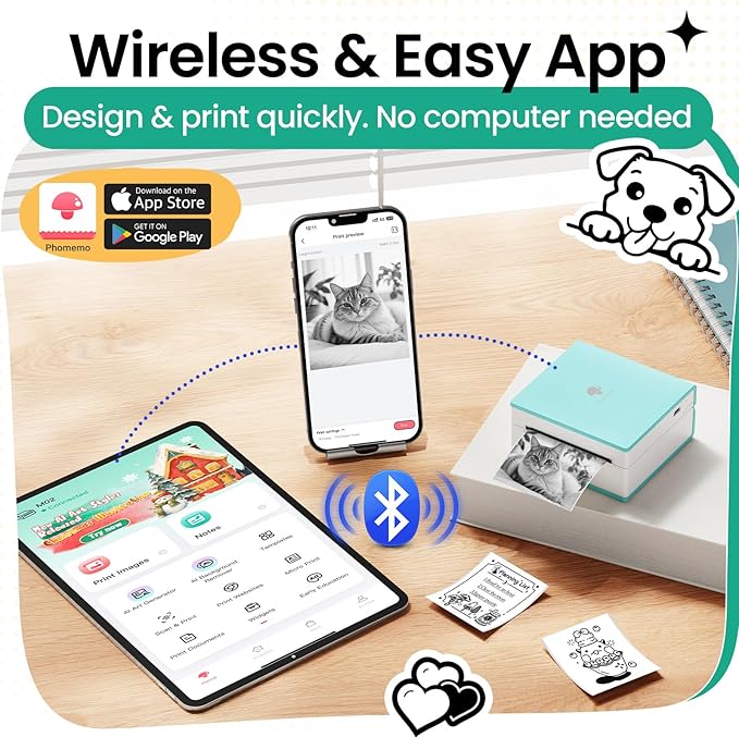 Phomemo Sticker Printer, Mini Printer Sticker Maker Machine M02, Print Pods Mini Pocket Machine for Creative DIY, Photos, Study Notes, Small Thermal Label Maker with AI APP for Home/Office/School,Cyan