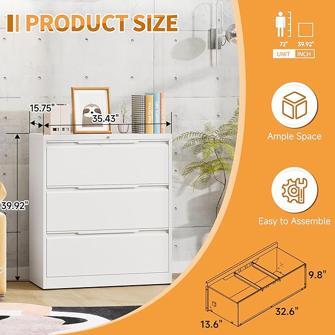 3-Drawer Metal File Cabinet with Lock,Steel Printer Stand with Storage for Home Office,Lateral Filing Cabinet for Legal/Letter/A4 Files,Assembly Required(35.43''W-3 Drawers,White)