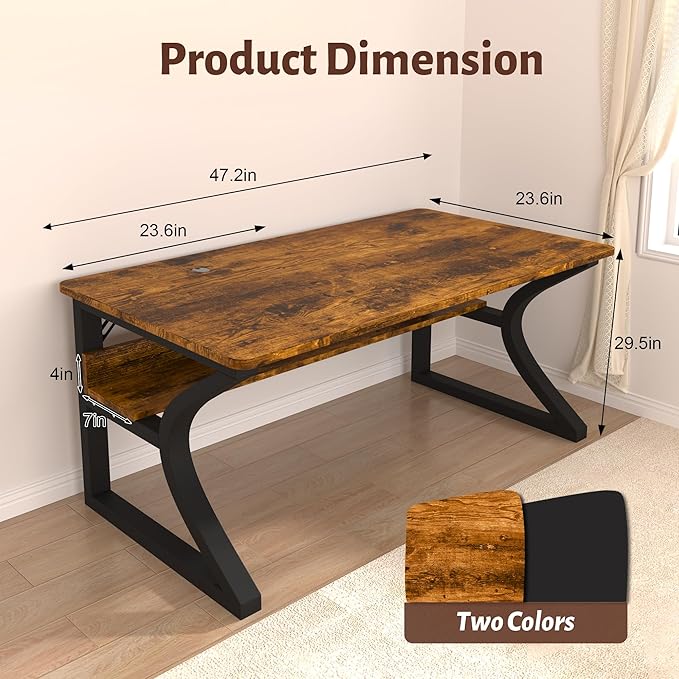 Computer Desk 47 x 23.6 Inch Home Office Desk, Large Modern Computer Desks with Storage Shelf, Metal Frame Work Study Writing Office Desk with Cable Hole, Wide Desk for PC & Monitors (Brown, 47)