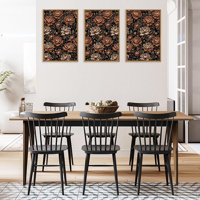 KAIRNE Moody Dark Floral Wall Art Set of 3, Vintage Flower Framed Canvas Prints, Mid Century Modern Botanical Artwork, Modern Colorful Decor for Living Room Bedroom Office, 16×24inch
