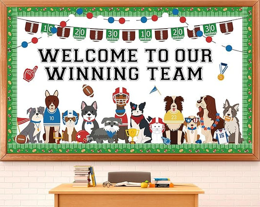 Football Pet Dog Bulletin Board Set Sports Theme Puppy Classroom Decoration Football Cute Dog Bulletin Board Sports Cutouts for School Office Game Day Party Home Chalkboard Wall Decor