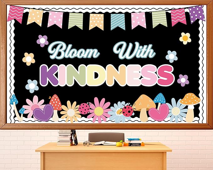 Spring Kindness Bulletin Board Set Bloom with Kindness Classroom Decoration Colorful Flowers Paper Cutouts Borders Back to School Bulletin Board Classroom Wall Chalkboard Spring Party Supplies Decor
