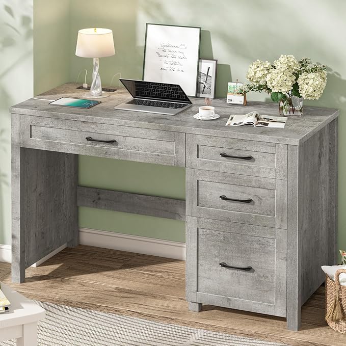 Vabches Farmhouse 47" Executive Desk with 4 Drawers, Computer Desk with File Drawer and Charging Station, Workstation for Home Office, Study.（Grey）