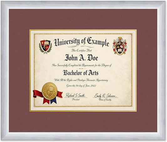 CountryArtHouse Diploma Frame Fits 13 x 10 College Diploma (Traditional) - Keepsake Graduation Displa Stainless Silver Genuine Hardwood with Dark Red Over Metallic Gold Double mat