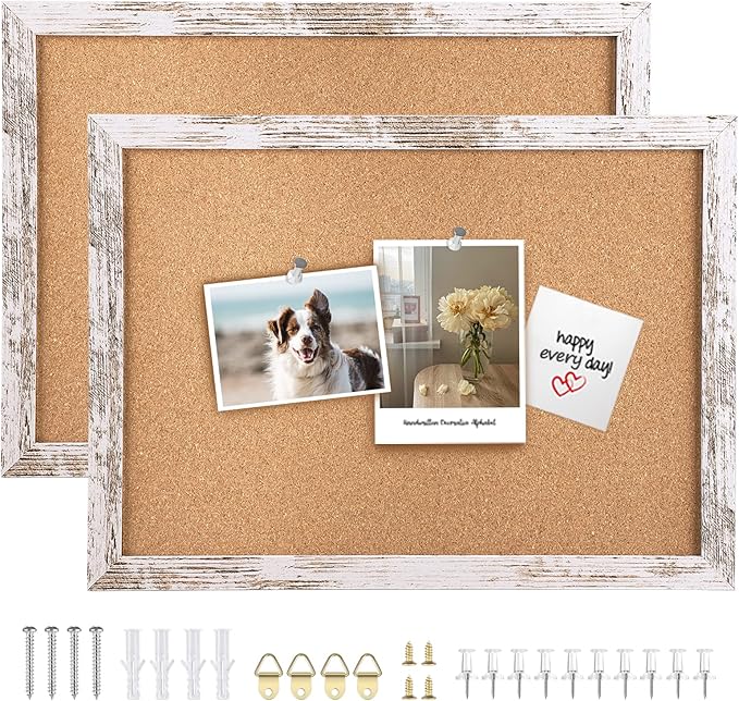 Cork Board Bulletin Board, 14.2x10.2 inches Decorative Hanging Framed Cork Boards for Walls, Pin Board Vision Board for School Home Office, Bulletin Board with White Wood Frame (2636,WH,2pc)