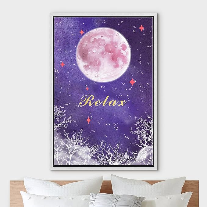 IDEA4WALL Framed Canvas Print Wall Art Tranquil Watercolor Galaxy with Pink Moon Astronomy & Space Sky Illustrations Modern Art Glam Colorful Ultra for Living Room, Bedroom, Office - 16"x24" WHITE