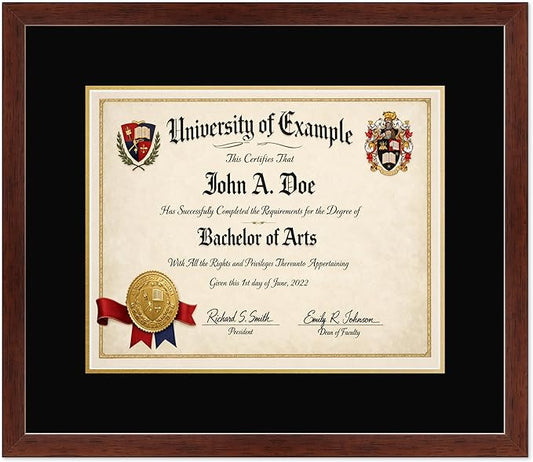 CountryArtHouse Diploma Frame Fits 15 x 12 Military/Government - Keepsake Graduation Display Rustic Walnut Genuine Hardwood with Black Over Metallic Gold Double mat