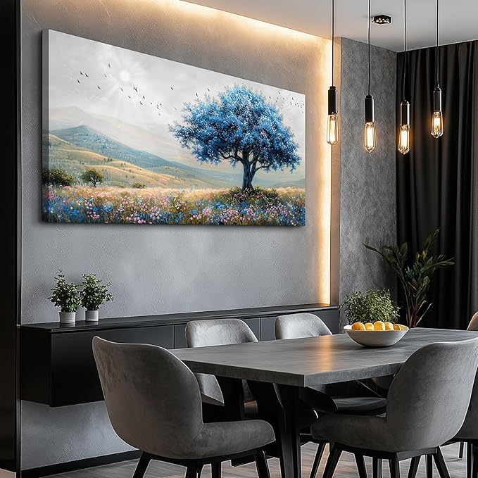 KELIYUAN Large Farmhouse Wall Decor For Living Room Frame Wall Art For Bedroom Office Decoration Field Scenery Wall Painting Blue Trees Artwork canva Pictures Modern Aesthetics Home Decor 30x60In