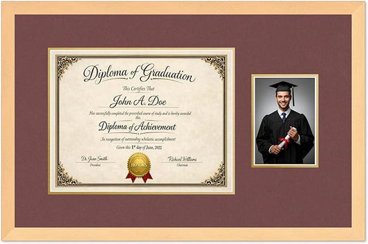 Diploma Frame With Photo Opening Natural Wood Dark Red Over Gold Mat - Fits 14 x 11 Degree and Picture Made in the USA