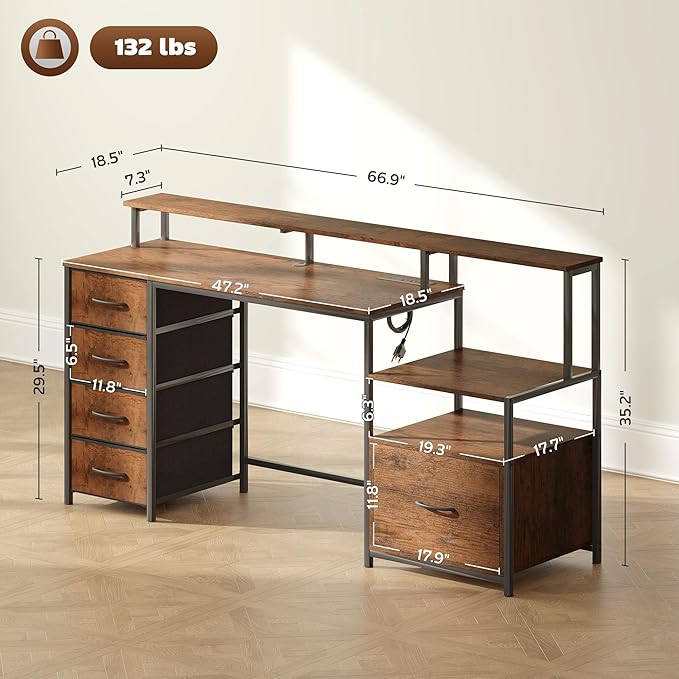 HOMCOM 67" Gaming Desk with File Cabinet and Fabric Drawers, Computer Table with Power Outlets and LED Lights, Monitor Stand and Printer Shelf, for Home Office Desk, Rustic Brown