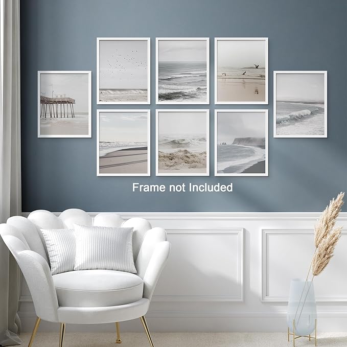 SIGNWIN Poster Wall Art Set of Minimal Ocean Beach Seashore Coastals, White Minimalist California Ocean Beach Seashore Pier Nature Wilderness for Living Room, Bedroom, Office - 12"x16"x 8