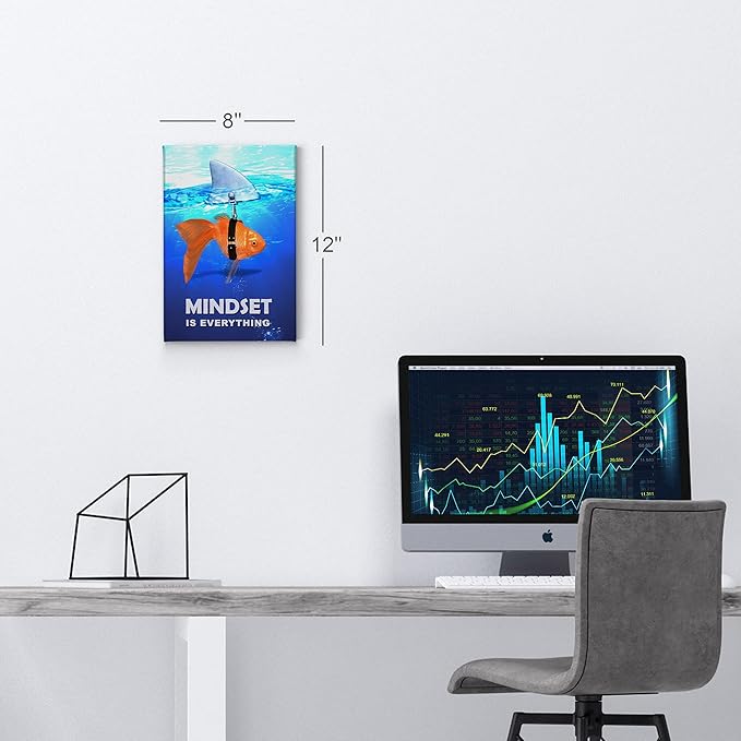 Smile Art Design Mindset is Everything Fish vs Shark in Ocean Motivational Wall Art Canvas Print Inspirational Wall Art Entrepreneur Quote Office Living Room Decor Gift Ready to Hang 17x11