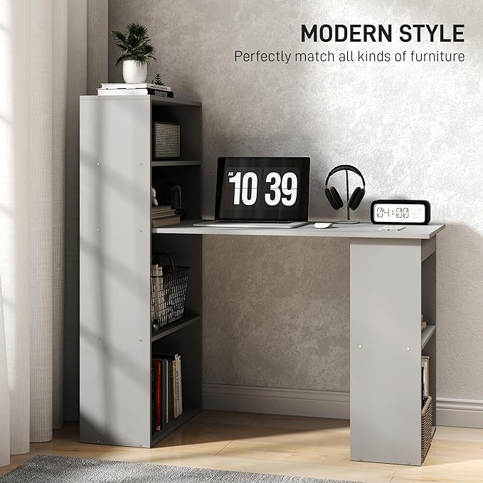 HOMCOM Modern Home Office Desk with 6-Tier Storage Shelves, 47" Writing Desk with Bookshelf, Gray