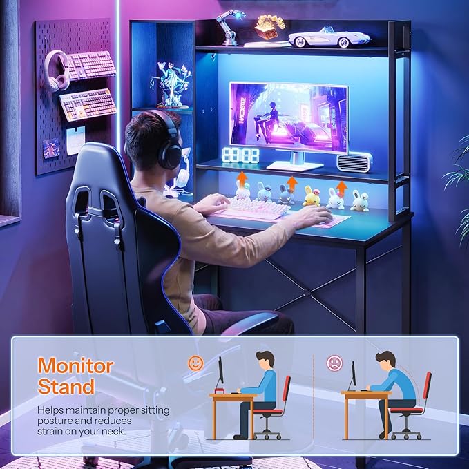 HOOBRO Computer Desk, Small Gaming Desk with LED and Outlets, Home Office Desk with Monitor Stand and Adjustable Shelf, Computer Desk with CPU Stand for Home Office, Small Space, Black BB100UDDN01