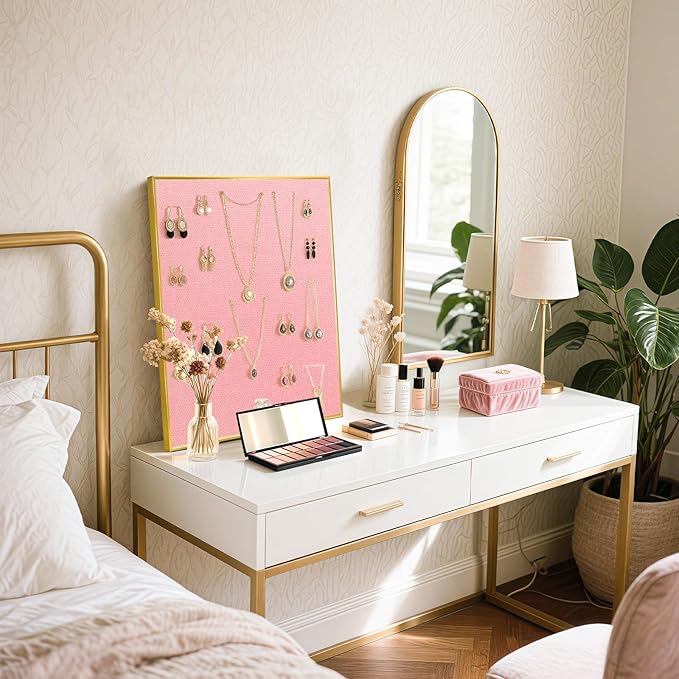 Linen Bulletin Board 24 x18 Inches, Cork Board for Wall with Gold Aluminum Frame, Fabric Pin Board Tack Board for Home Office Room Decor, 10 Push Pins, Pink Linen