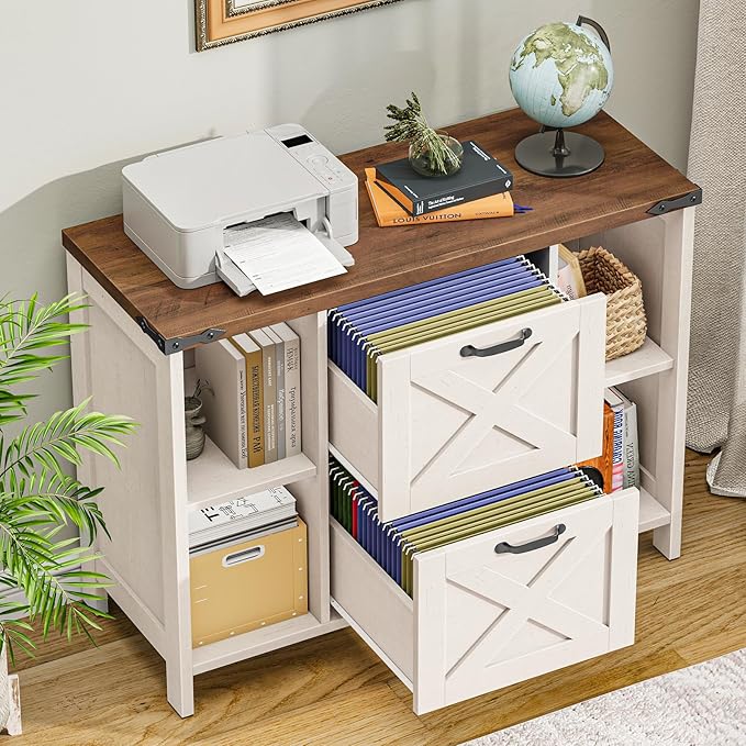 2 Drawer File Cabinet, Farmhouse Lateral Filing Cabinet Fits File Letter or A4 Size, Wooden Printer Stand with Open Storage Adjustable Shelf for Home Office, Rustic White