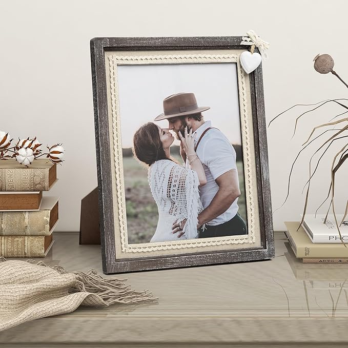 Afuly 8x10 Picture Frame Wooden Distressed Rustic Photo Frame with White Heart Burlap Lace, Solid Wood Frame for Farmhouse Wall Tabletop Home Decor Anniversary Wedding Gifts for Mom Grandma