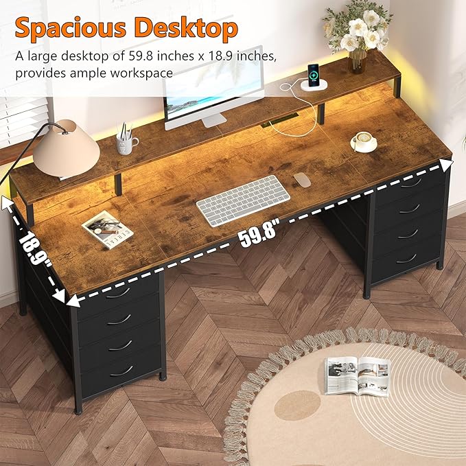 60 Inch Computer Desk with 8 Fabric Drawers, Gaming Desk with LED Lights & Power Outlets, Home Office Desk with Monitor Stand, Rustic Brown