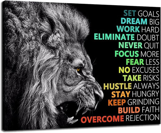 Motivational Wall Art Lion Canvas Posters Office Wall Decor Inspirational Entrepreneur Positive Affirmation Quote Wall Paintings Picture Artwork for Living Room BedroomDecor Framed[30″W X 40″H]