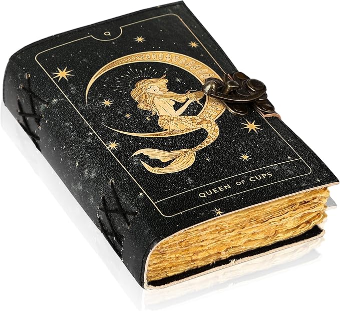 TUZECH Book of Spells Leather Bound Journal Deckle Edge Paper Grimoire Printed Diary Third Eye witchcraft supply and Witch Spell Notebook Antique Vintage Book for Men and Women (Queen of Cups)