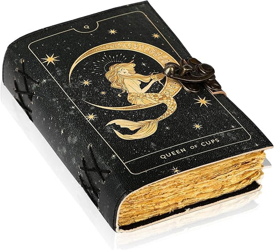 TUZECH Book of Spells Leather Bound Journal Deckle Edge Paper Grimoire Printed Diary Third Eye witchcraft supply and Witch Spell Notebook Antique Vintage Book for Men and Women (Queen of Cups)