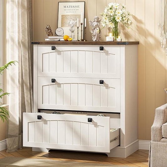 Lateral File Cabinet with 3 Drawers, Farmhouse File Cabinet for Letter/a4/Legal Size Hanging Files, Large Wood File Storage Cabinets Printer Stand for Home Office Cabinets, Rustic White and Brown
