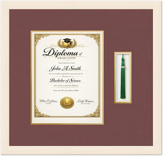 Diploma and Tassel Frame Fits 8.5 x 11 Certificate (Portrait) with TASS Coastal Whitewash Genuine Hardwood Shadowbox with Dark Red Over Metallic Gold Double mat