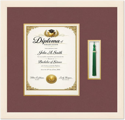 Diploma and Tassel Frame Fits 8.5 x 11 Certificate (Portrait) with TASS Coastal Whitewash Genuine Hardwood Shadowbox with Dark Red Over Metallic Gold Double mat
