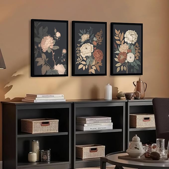 Krtoni 3PCS Framed Vintage Flower Wall Art, Rustic Farmhouse Dark Peony Floral Wall Decor, Retro Plants Aesthetic Painting Prints, Flower Botanical Artwork for Living Room Bedroom Bathroom 12W x 16H