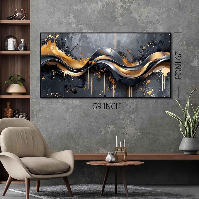 Elegant Black and Gold Wall Art 29" x 59" Canvas for Office Decor Living Room Stylish Large Artwork for Modern Art Pictures