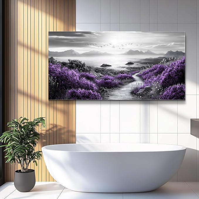 FUHAIHUA Canvas Wall Art For Living Room Wall Decor For Bedroom Office Wall Decoration Purple Flowers Landscape Painting Black And White Pictures Artwork Room Aesthetic Home Decor 20x40 In