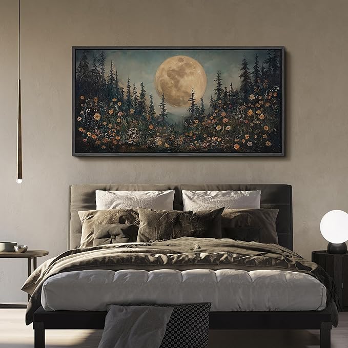SIGNFORD Extra Large Framed Canvas Moonlit Forest with Wildflowers Mystical Illustrations Modern Art Calm Warm for Living Room, Bedroom, Office - 60"x30"