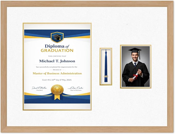 Diploma Tassel and Photo Frame Natural Wood Shadowbox Oyster Shell Over Gold Mat - Fits 11 x 14 Degree Picture Made in the USA