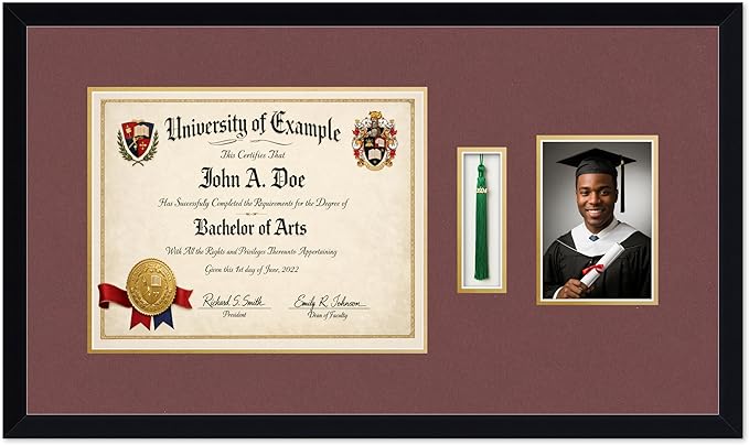 CountryArtHouse Diploma Tassel and Photo Shadowbox Fits 14 x 11 College Diploma (Modern) with Tassel Hoo Matte Black Genuine Hardwood with Dark Red Over Metallic Gold Double mat
