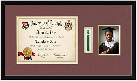 CountryArtHouse Diploma Tassel and Photo Shadowbox Fits 14 x 11 College Diploma (Modern) with Tassel Hoo Matte Black Genuine Hardwood with Dark Red Over Metallic Gold Double mat