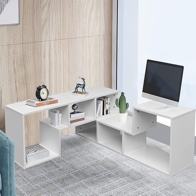 Recaceik Cube Bookshelf 2 Shelf Bookcase L-Shaped TV Console Stand Modern Entertainment Center with Open Storage Shelves for CDs/Movies/Books for Living Room, Bedroom, Home Office (White)