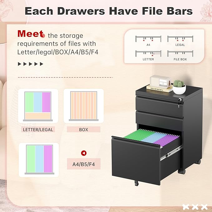 Superday Black File Cabinet 3 Drawer, Fully Assemble Metal Rolling Vertical Filing Cabinet with Wheels, Small Under Desk File Cabinets for Home Office
