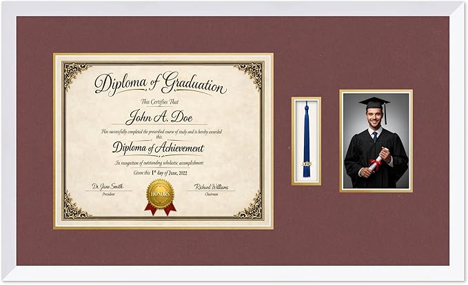 Diploma Tassel and Photo Frame Bright White Shadowbox Dark Red Over Gold Mat - Fits 15 x 12 Degree Picture Made in the USA