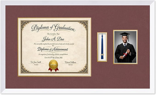 Diploma Tassel and Photo Frame Bright White Shadowbox Dark Red Over Gold Mat - Fits 15 x 12 Degree Picture Made in the USA