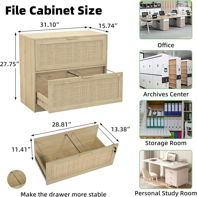 HOPUBUY 2 Drawer File Cabinet with Lock, Printer Stand Lateral Filing Cabinets for Home Office and School, Wood Rattan File Cabinet for Hanging Files/Letter/Legal/A4/F4 Size, Natural Wood