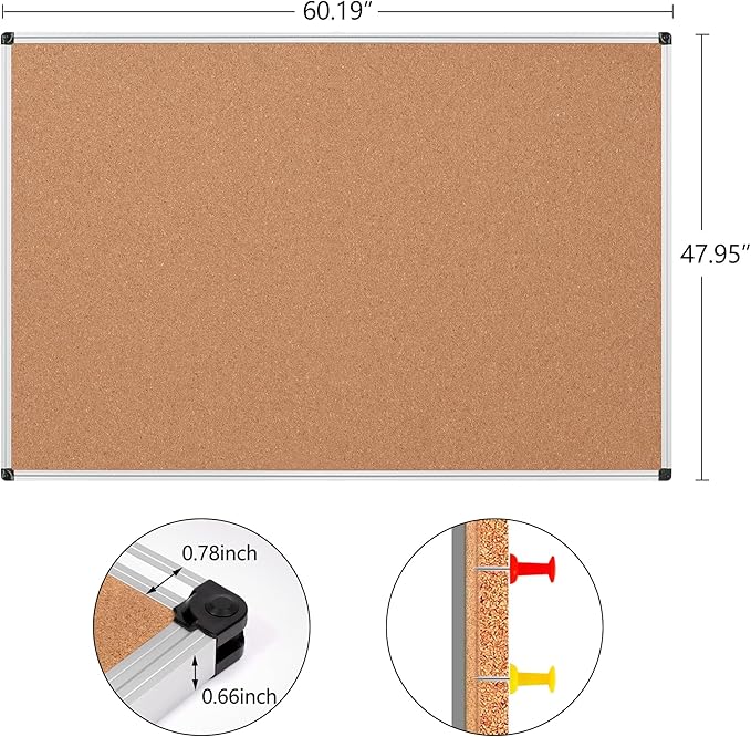 Board2by Large Cork Bulletin Board 60" X 48", Silver Aluminum Framed Corkboard for Wall, Wall Mounted Notice Pin Board with Push Pins for School, Home & Office - 5' x 4' Corkboard