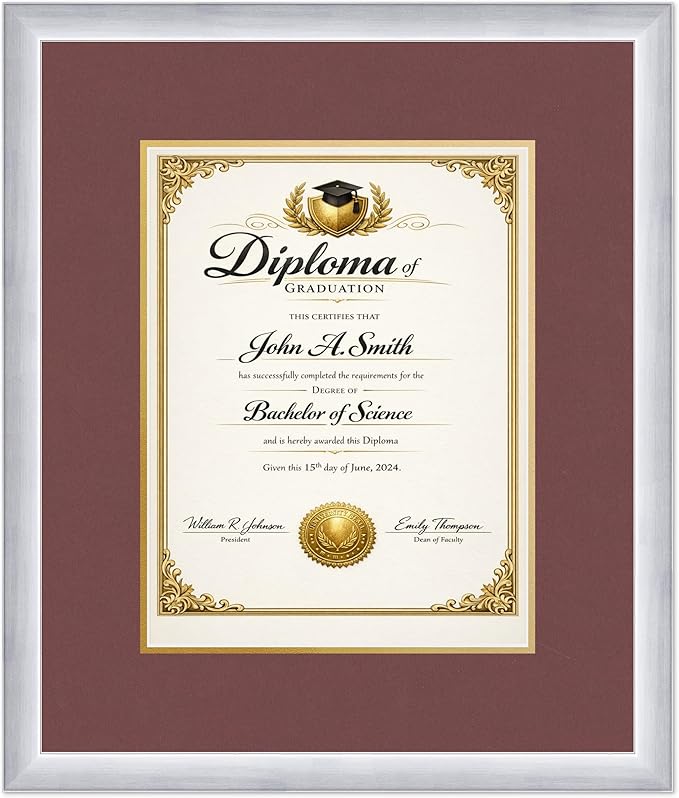 CountryArtHouse Diploma Frame Fits 10 x 13 College Diploma (Portrait Traditional) - Keepsake Graduati Stainless Silver Genuine Hardwood with Dark Red Over Metallic Gold Double mat